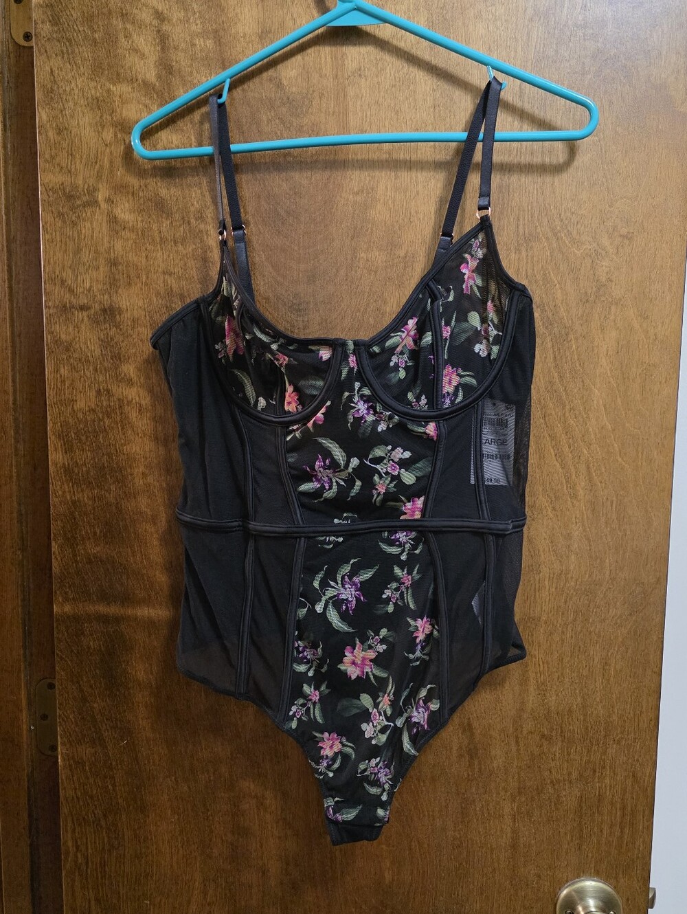 NWT Floral Mesh Bodysuit - Black with Pink Floral Sizes M and L